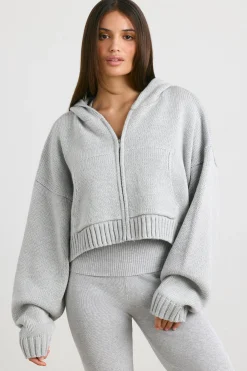Oh Polly Knitwear | Sweatshirts^Cropped Zip Up Chunky Knit Hoodie in Heather Grey HeatherGrey