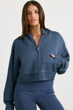 Oh Polly Knitwear | Sweatshirts^Cropped Zip Up Chunky Knit Hoodie in Washed Navy WashedNavy