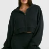 Oh Polly Knitwear^Cropped Zip Up Chunky Knit Hoodie in Black