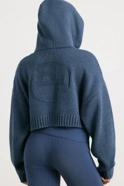 Oh Polly Knitwear | Sweatshirts^Cropped Zip Up Chunky Knit Hoodie in Washed Navy WashedNavy