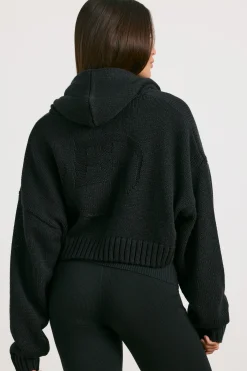 Oh Polly Knitwear^Cropped Zip Up Chunky Knit Hoodie in Black