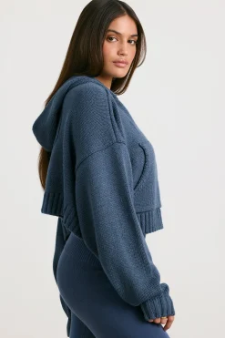 Oh Polly Knitwear | Sweatshirts^Cropped Zip Up Chunky Knit Hoodie in Washed Navy WashedNavy