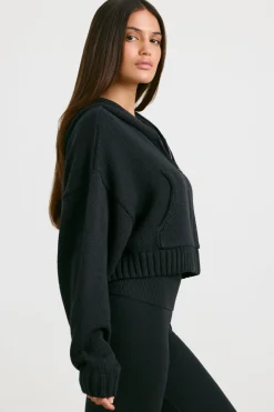Oh Polly Knitwear^Cropped Zip Up Chunky Knit Hoodie in Black
