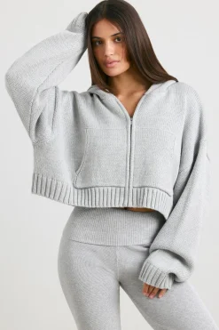 Oh Polly Knitwear | Sweatshirts^Cropped Zip Up Chunky Knit Hoodie in Heather Grey HeatherGrey