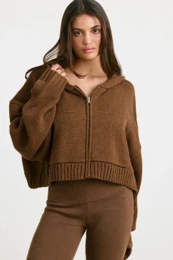 Oh Polly Knitwear | Sweatshirts^Cropped Zip Up Chunky Knit Hoodie in Espresso