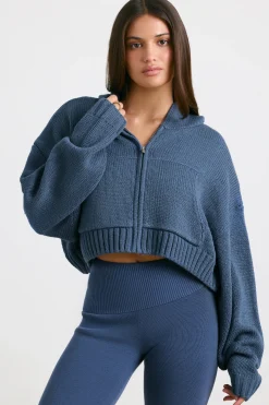 Oh Polly Knitwear | Sweatshirts^Cropped Zip Up Chunky Knit Hoodie in Washed Navy WashedNavy