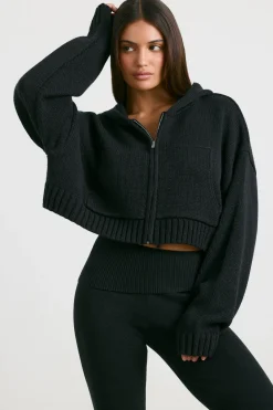 Oh Polly Knitwear^Cropped Zip Up Chunky Knit Hoodie in Black