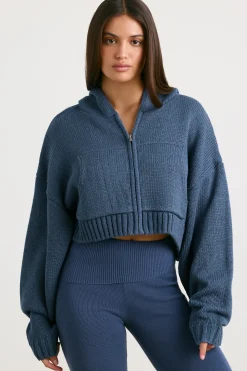 Oh Polly Knitwear | Sweatshirts^Cropped Zip Up Chunky Knit Hoodie in Washed Navy WashedNavy