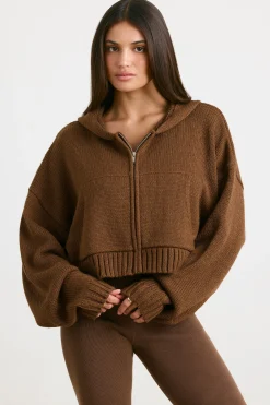 Oh Polly Knitwear | Sweatshirts^Cropped Zip Up Chunky Knit Hoodie in Espresso