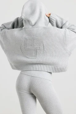 Oh Polly Knitwear | Sweatshirts^Cropped Zip Up Chunky Knit Hoodie in Heather Grey HeatherGrey