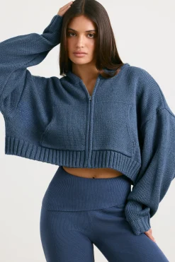 Oh Polly Knitwear | Sweatshirts^Cropped Zip Up Chunky Knit Hoodie in Washed Navy WashedNavy
