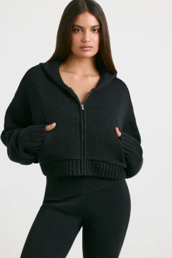 Oh Polly Knitwear^Cropped Zip Up Chunky Knit Hoodie in Black