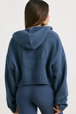 Oh Polly Knitwear | Sweatshirts^Cropped Zip Up Chunky Knit Hoodie in Washed Navy WashedNavy