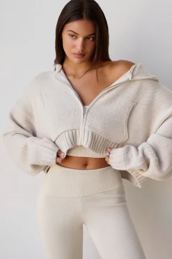 Oh Polly Knitwear | Sweatshirts^Cropped Zip-Up Chunky Knit Hoodie in Cream
