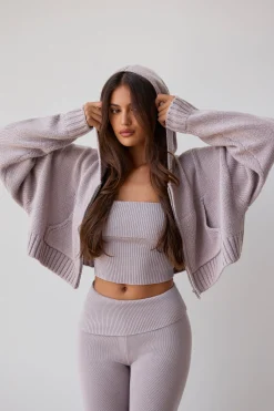 Oh Polly Knitwear | Sweatshirts^Cropped Zip-Up Chunky Knit Hoodie in Dusty Lavender DustyLavender