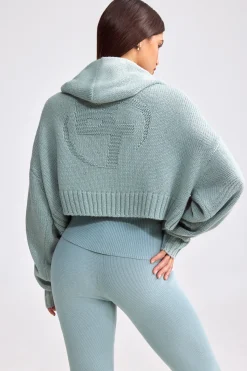 Oh Polly Knitwear | Sweatshirts^Cropped Zip-Up Chunky Knit Hoodie in Dusty Teal DustyTeal