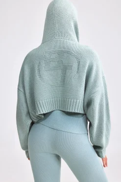 Oh Polly Knitwear | Sweatshirts^Cropped Zip-Up Chunky Knit Hoodie in Dusty Teal DustyTeal