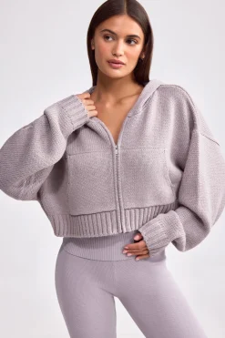 Oh Polly Knitwear | Sweatshirts^Cropped Zip-Up Chunky Knit Hoodie in Dusty Lavender DustyLavender