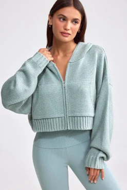 Oh Polly Knitwear | Sweatshirts^Cropped Zip-Up Chunky Knit Hoodie in Dusty Teal DustyTeal