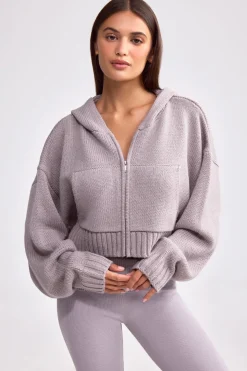 Oh Polly Knitwear | Sweatshirts^Cropped Zip-Up Chunky Knit Hoodie in Dusty Lavender DustyLavender