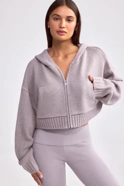 Oh Polly Knitwear | Sweatshirts^Cropped Zip-Up Chunky Knit Hoodie in Dusty Lavender DustyLavender