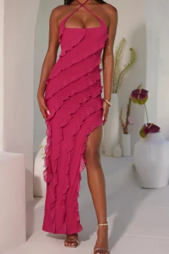 Oh Polly Party Dresses | Birthday^Cross Strap Ruffle Floor Length Dress in Fuchsia