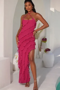 Oh Polly Party Dresses | Birthday^Cross Strap Ruffle Floor Length Dress in Fuchsia