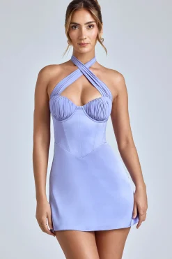 Oh Polly Wedding Guest | Georgette And Chiffon^Cross-Neck A-Line Mini Dress in Blue Lavender BlueLavender