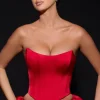 Oh Polly Tops^Curved Lace-Up Corset Top in Fire Red FireRed