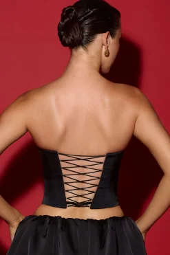 Oh Polly Tops^Curved Lace-Up Corset Top in Black