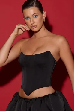 Oh Polly Tops^Curved Lace-Up Corset Top in Black