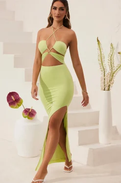 Oh Polly Tencel™ Modal Dresses^Cut Out Halter Neck Floor Length Maxi Dress in Lime Green LimeGreen