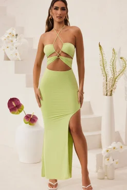 Oh Polly Tencel™ Modal Dresses^Cut Out Halter Neck Floor Length Maxi Dress in Lime Green LimeGreen