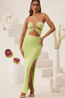 Oh Polly Tencel™ Modal Dresses^Cut Out Halter Neck Floor Length Maxi Dress in Lime Green LimeGreen