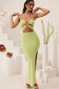 Oh Polly Tencel™ Modal Dresses^Cut Out Halter Neck Floor Length Maxi Dress in Lime Green LimeGreen