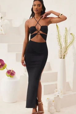 Oh Polly Tencel™ Modal Dresses^Cut Out Halter Neck Floor Length Maxi Dress in Black