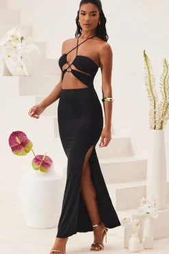 Oh Polly Tencel™ Modal Dresses^Cut Out Halter Neck Floor Length Maxi Dress in Black