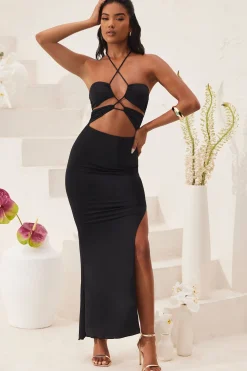 Oh Polly Tencel™ Modal Dresses^Cut Out Halter Neck Floor Length Maxi Dress in Black