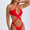Oh Polly Swimsuits^Cut-Out Halterneck Swimsuit in Fiery Red FieryRed