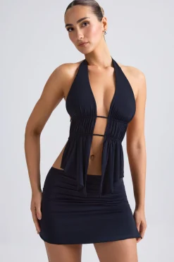 Oh Polly Tops | Night Out^Cut-Out Ruched Halterneck Crop Top in Black