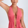 Oh Polly Co-Ords | Tops^Cut-Out Ruched Halterneck Crop Top in Coral