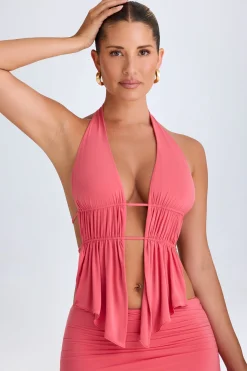 Oh Polly Co-Ords | Tops^Cut-Out Ruched Halterneck Crop Top in Coral