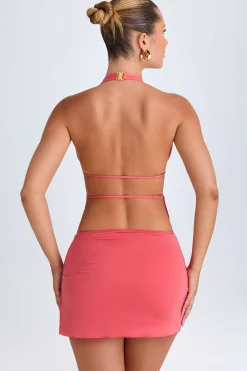 Oh Polly Co-Ords | Tops^Cut-Out Ruched Halterneck Crop Top in Coral