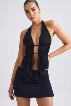 Oh Polly Tops | Night Out^Cut-Out Ruched Halterneck Crop Top in Black