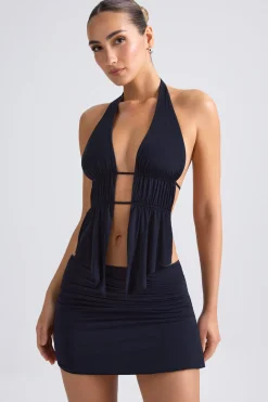 Oh Polly Tops | Night Out^Cut-Out Ruched Halterneck Crop Top in Black