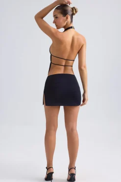 Oh Polly Tops | Night Out^Cut-Out Ruched Halterneck Crop Top in Black