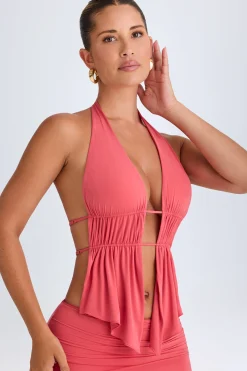 Oh Polly Co-Ords | Tops^Cut-Out Ruched Halterneck Crop Top in Coral
