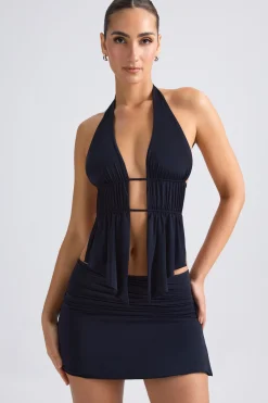 Oh Polly Tops | Night Out^Cut-Out Ruched Halterneck Crop Top in Black