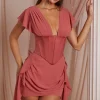 Oh Polly Georgette And Chiffon^Draped Corset Mini Dress in Terracotta