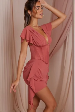 Oh Polly Georgette And Chiffon^Draped Corset Mini Dress in Terracotta
